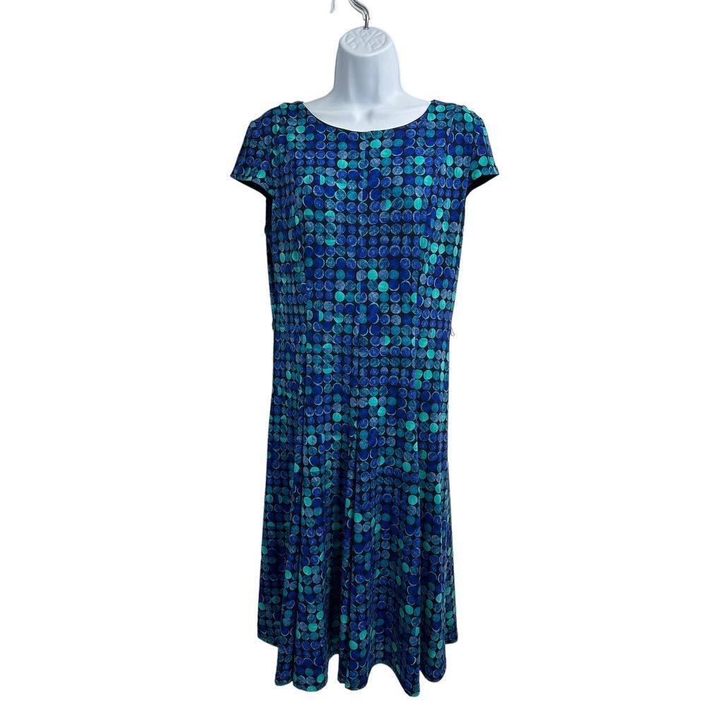 Jessica Howard Jersey Dress Size 12 Blue/Green Polka‎ Dot Cap Sleeves